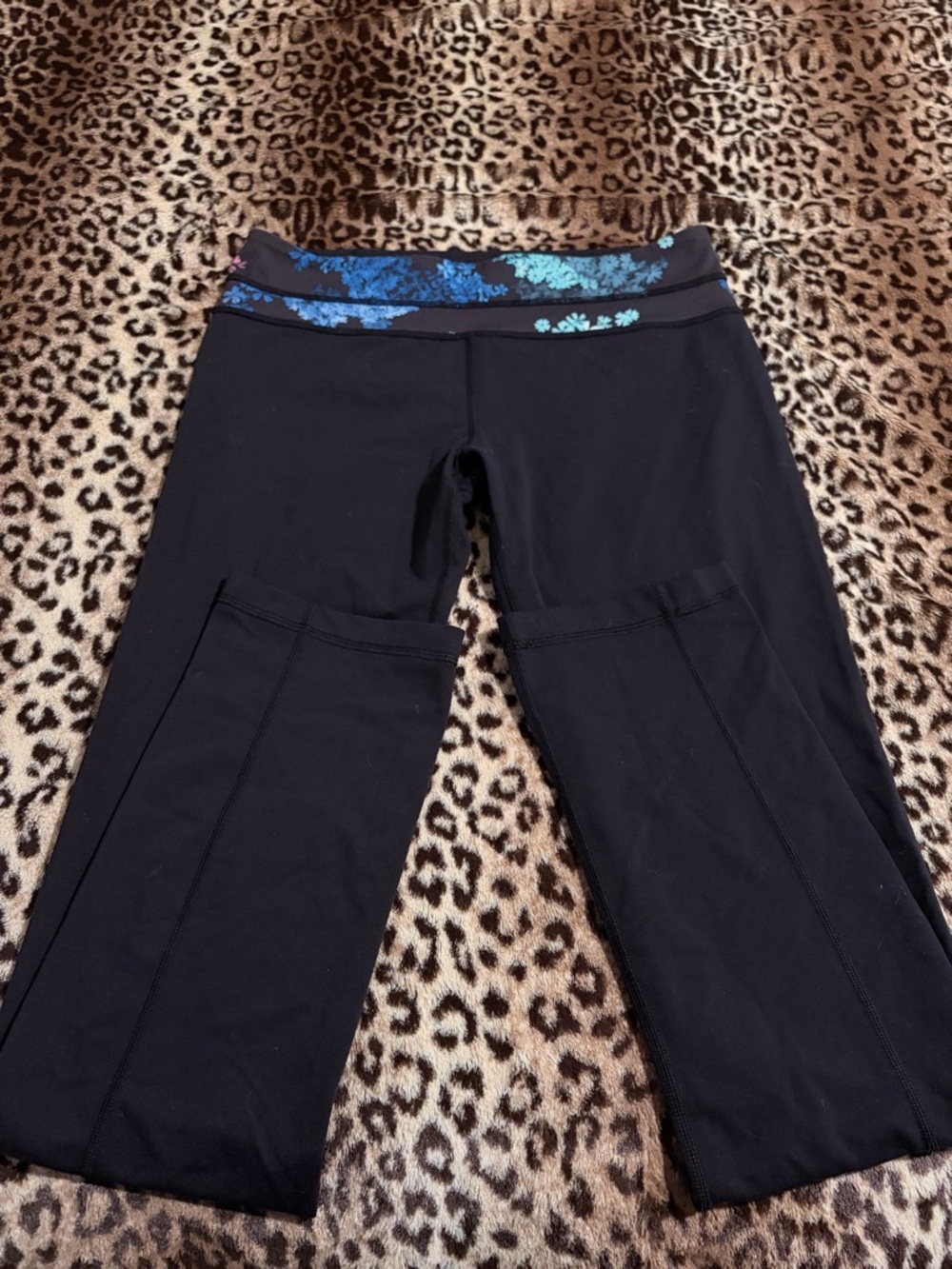 Black Lululemon Yoga Leggings with Blue & Pink Floral Waistband